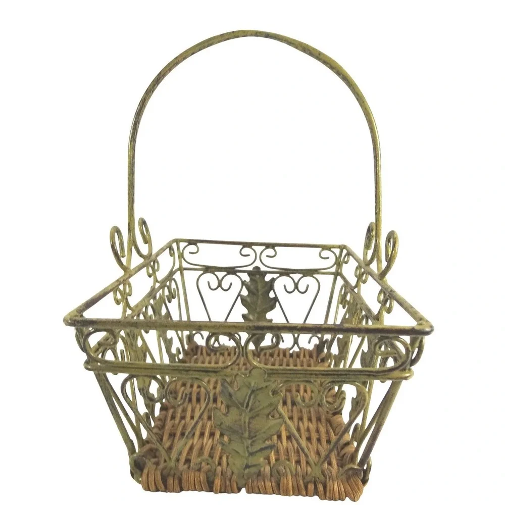 Vintage Style Green Metal Wire Basket‎ with Woven Wicker Base Leaf Scroll